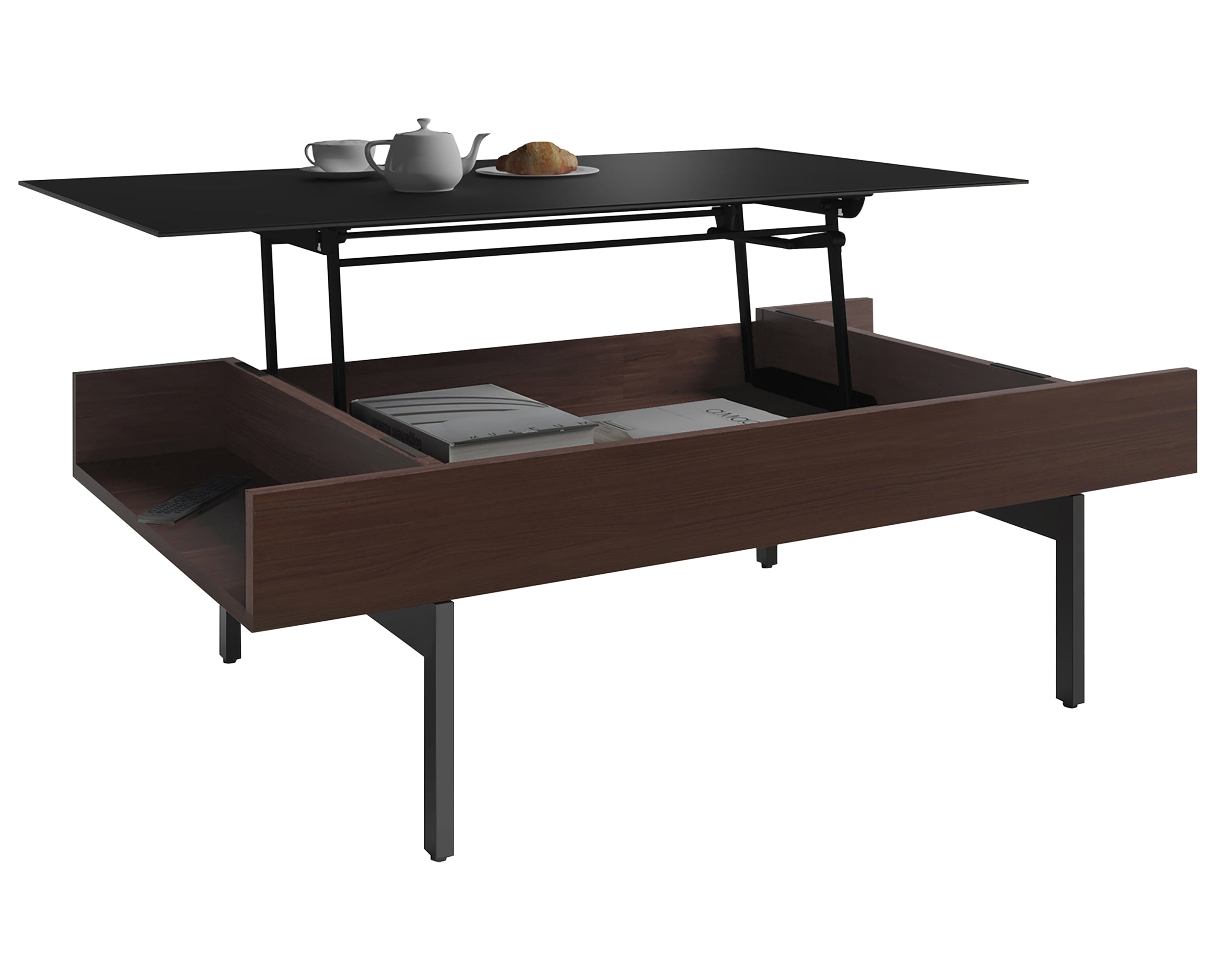 Chocolate Walnut Veneer & Black Satin-Etched Glass with Black Steel | BDI Reveal Lift Coffee Table | Valley Ridge Furniture
