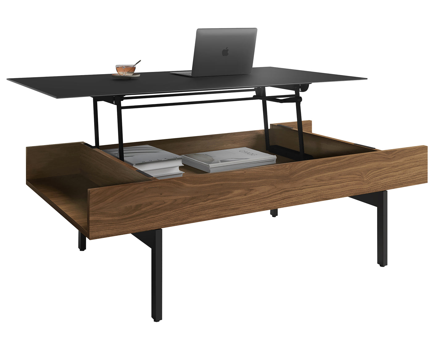 Natural Walnut Veneer & Black Satin-Etched Glass with Black Steel | BDI Reveal Lift Coffee Table | Valley Ridge Furniture