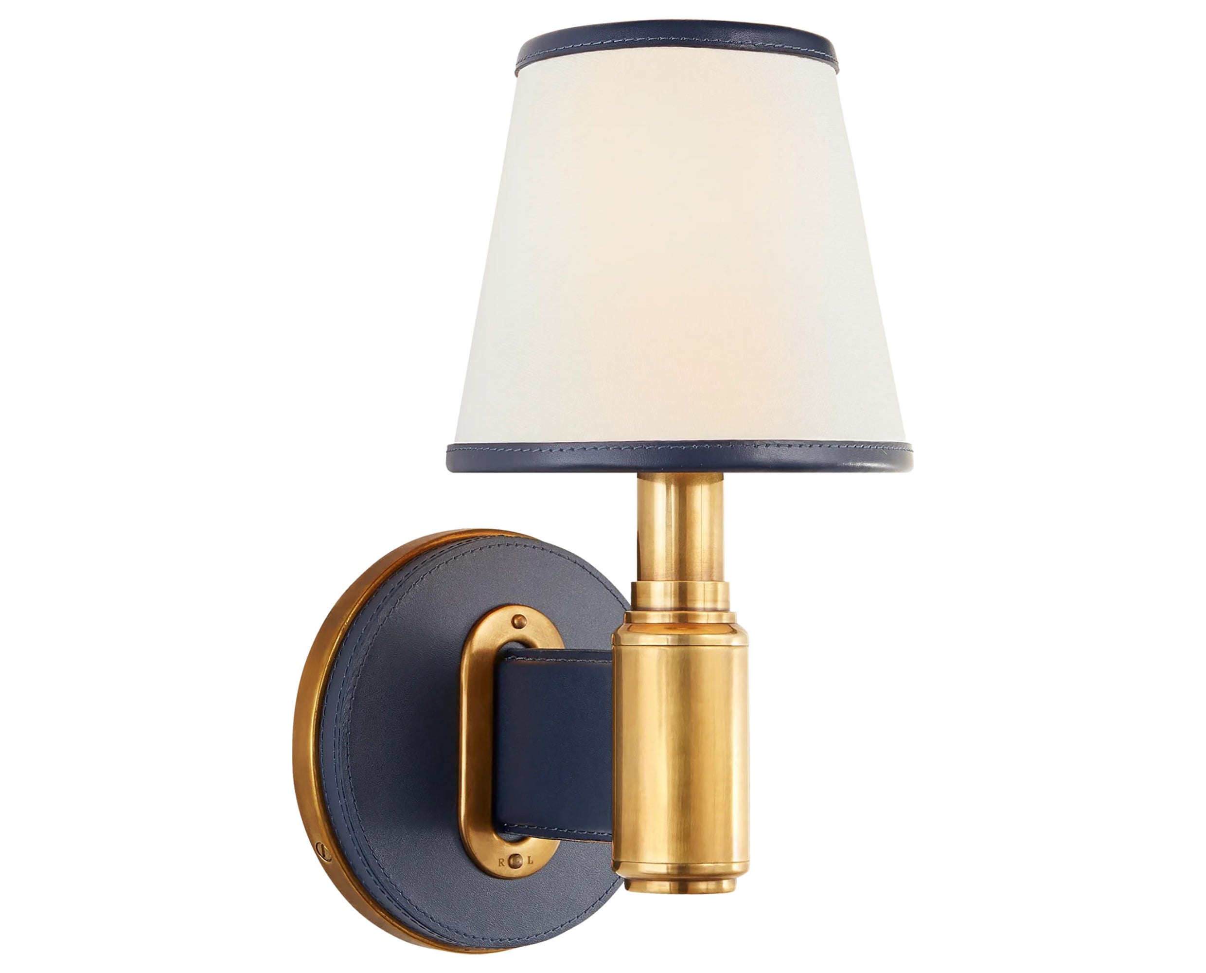 Natural Brass and Navy Leather &amp; Linen with Leather Trim | Riley Single Sconce | Valley Ridge Furniture