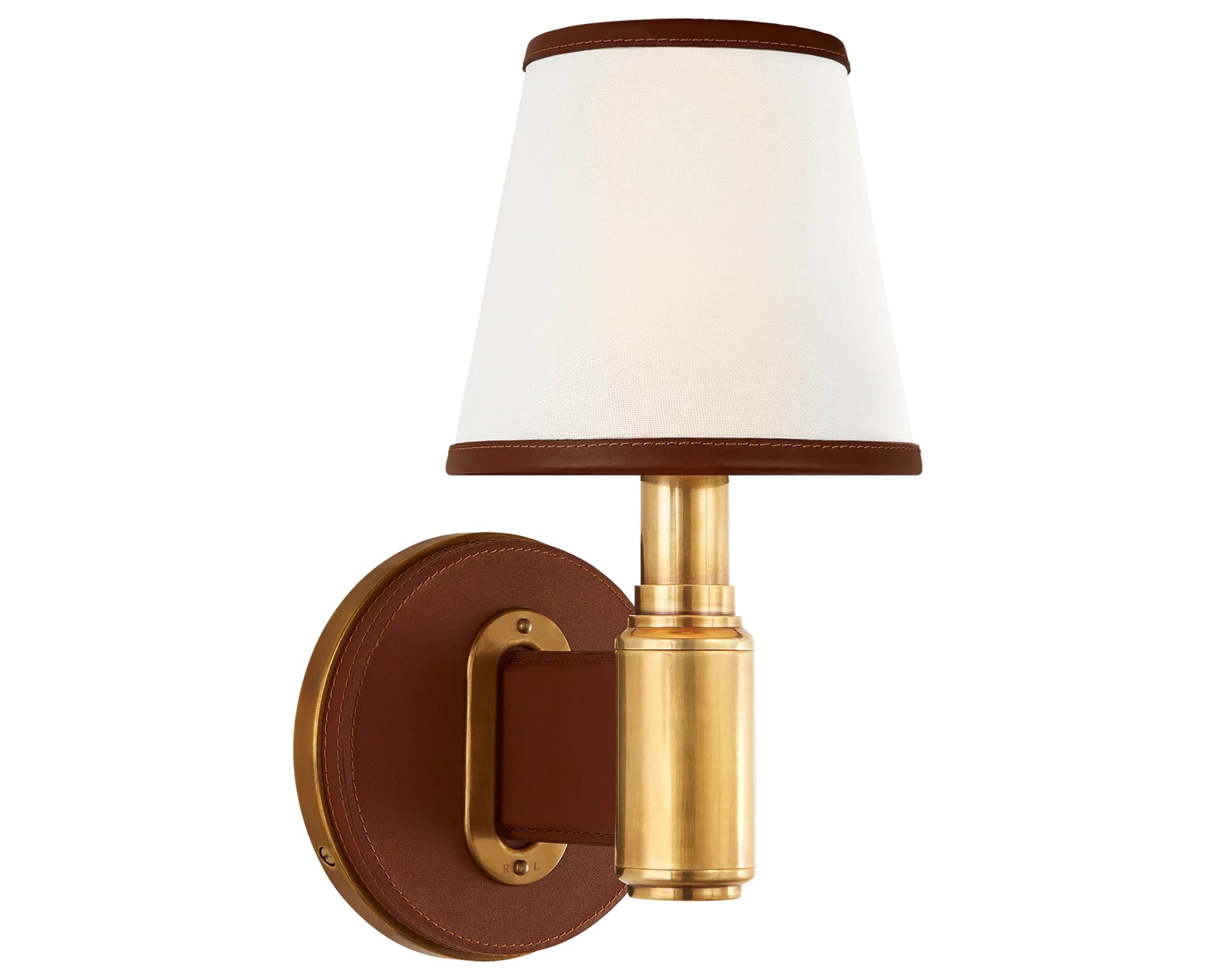 Natural Brass and Saddle Leather &amp; Linen with Leather Trim | Riley Single Sconce | Valley Ridge Furniture