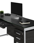 Charcoal Ash Veneer and Black Satin-Etched Glass with Satin Nickel Steel | BDI Sequel Desk | Valley Ridge Furniture