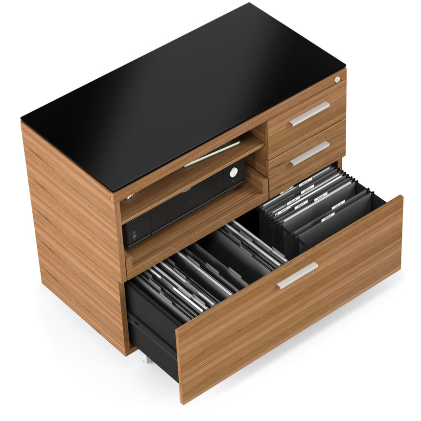 Natural Walnut Veneer and Black Satin-Etched Glass with Satin Nickel Steel | BDI Sequel Multi Function Cabinet | Valley Ridge Furniture