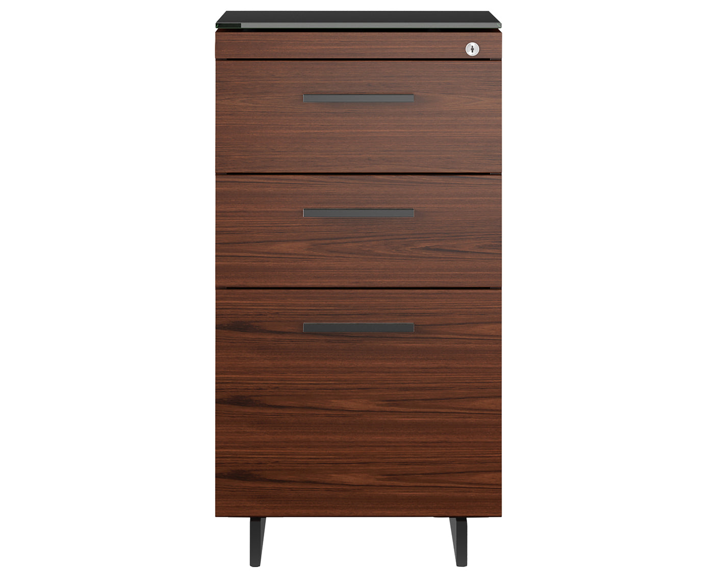 Chocolate Walnut Veneer and Black Satin-Etched Glass with Black Steel | BDI Sequel 3 Drawer File Cabinet | Valley Ridge Furniture