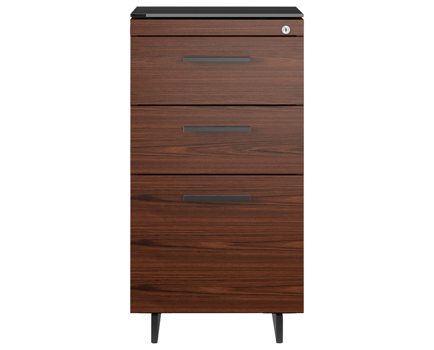 Chocolate Walnut Veneer and Black Satin-Etched Glass with Black Steel | BDI Sequel 3 Drawer File Cabinet | Valley Ridge Furniture