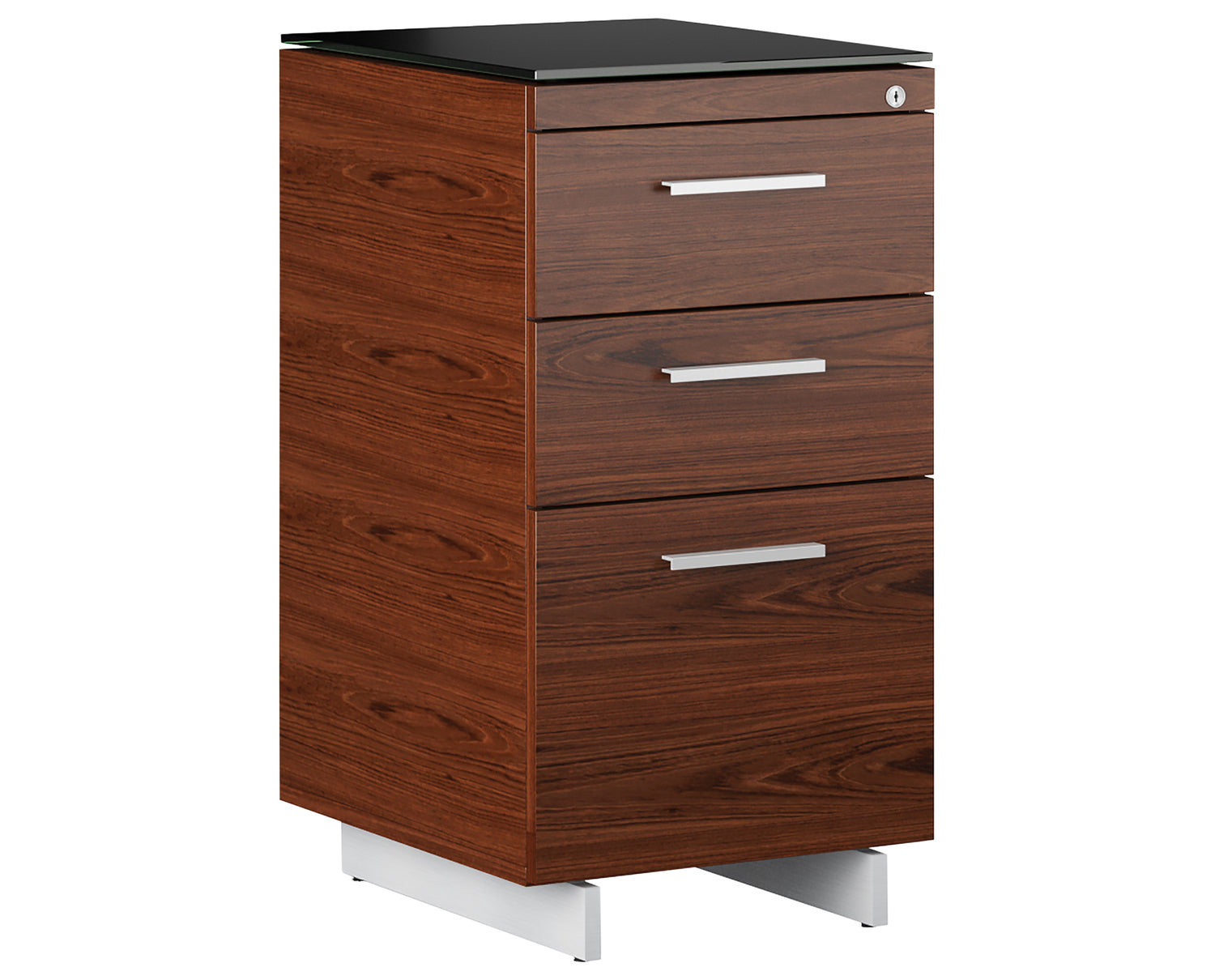 Chocolate Walnut Veneer and Black Satin-Etched Glass with Satin Nickel Steel | BDI Sequel 3 Drawer File Cabinet | Valley Ridge Furniture