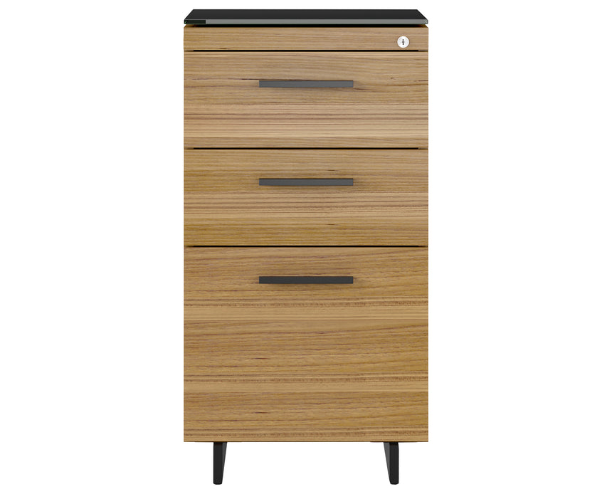 Natural Walnut Veneer and Black Satin-Etched Glass with Black Steel | BDI Sequel 3 Drawer File Cabinet | Valley Ridge Furniture