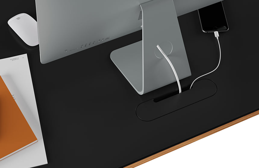 Natural Walnut & Natural Walnut Veneer with Black Satin-Etched Glass & Black Steel | BDI Sequel Lift Desk | Valley Ridge Furniture