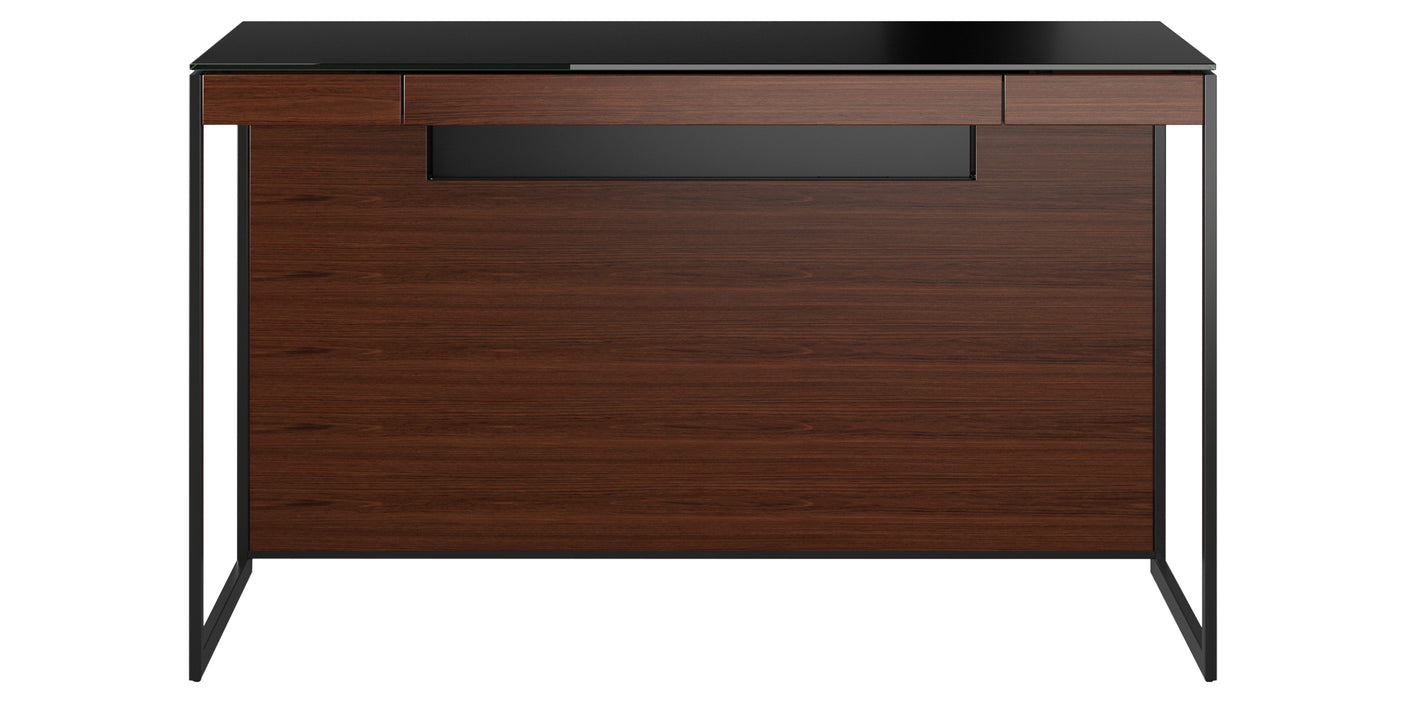Chocolate Walnut Veneer and Black Satin-Etched Glass with Black Steel | BDI Sequel Compact Desk | Valley Ridge Furniture