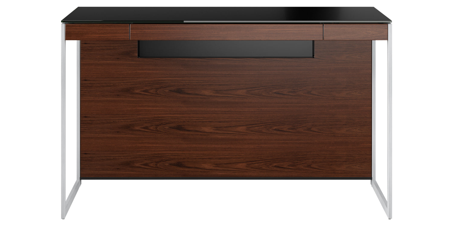 Chocolate Walnut Veneer and Black Satin-Etched Glass with Satin Nickel Steel | BDI Sequel Compact Desk | Valley Ridge Furniture