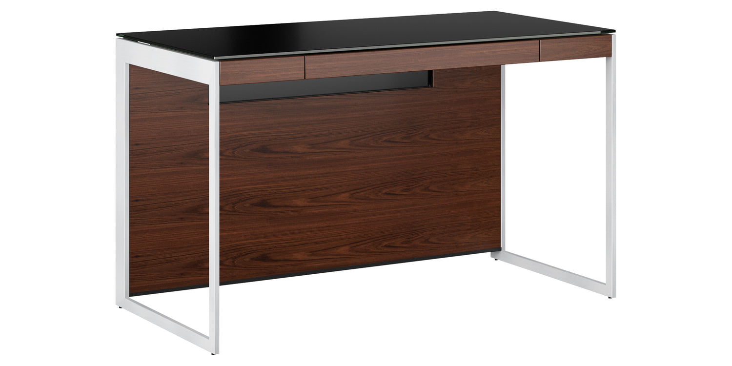 Chocolate Walnut Veneer and Black Satin-Etched Glass with Satin Nickel Steel | BDI Sequel Compact Desk | Valley Ridge Furniture