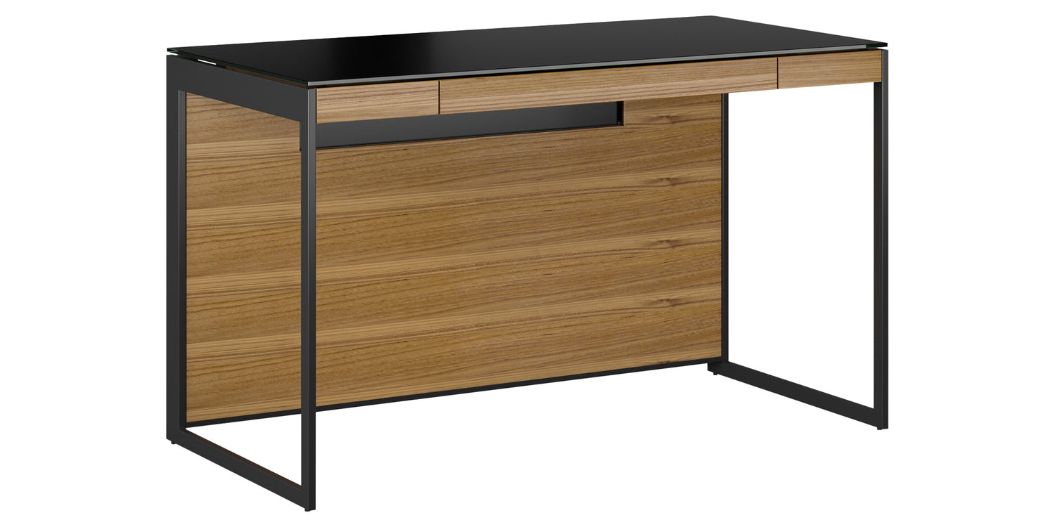 Natural Walnut Veneer and Black Satin-Etched Glass with Black Steel | BDI Sequel Compact Desk | Valley Ridge Furniture