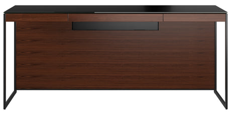 Chocolate Walnut Veneer and Black Satin-Etched Glass with Black Steel | BDI Sequel Desk | Valley Ridge Furniture
