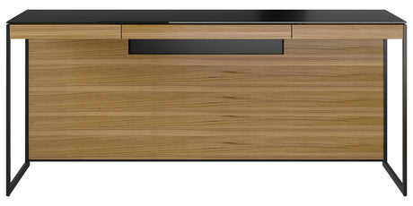 Natural Walnut Veneer and Black Satin-Etched Glass with Black Steel | BDI Sequel Desk | Valley Ridge Furniture