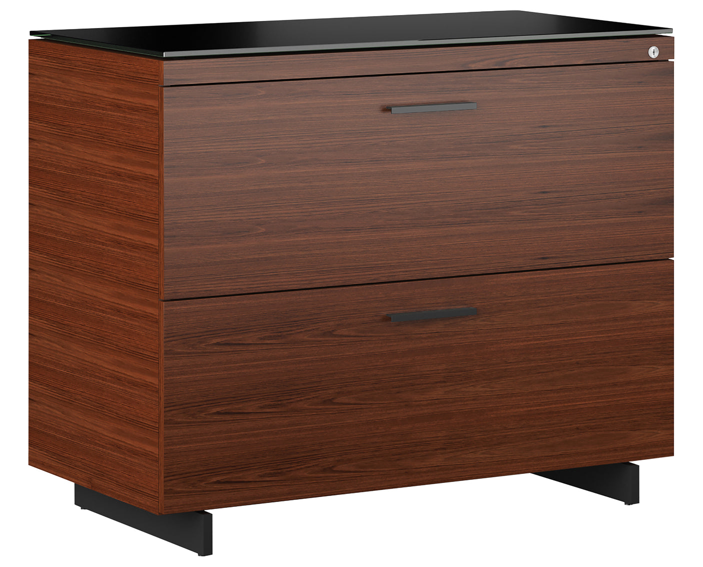 Chocolate Walnut Veneer and Black Satin-Etched Glass with Black Steel | BDI Sequel Lateral File Cabinet | Valley Ridge Furniture