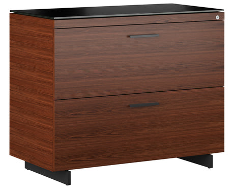Chocolate Walnut Veneer and Black Satin-Etched Glass with Black Steel | BDI Sequel Lateral File Cabinet | Valley Ridge Furniture