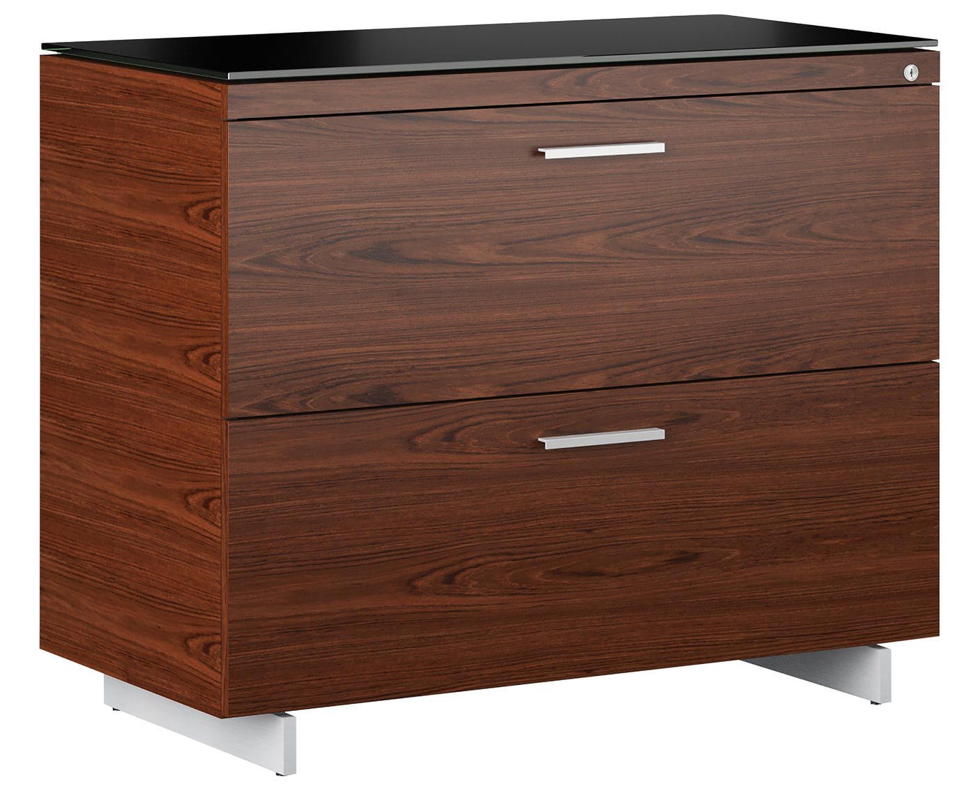 Chocolate Walnut Veneer and Black Satin-Etched Glass with Satin Nickel Steel | BDI Sequel Lateral File Cabinet | Valley Ridge Furniture