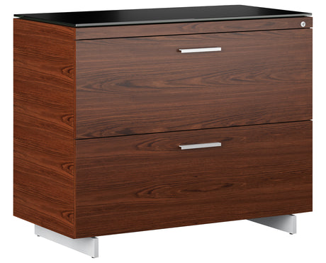 Chocolate Walnut Veneer and Black Satin-Etched Glass with Satin Nickel Steel | BDI Sequel Lateral File Cabinet | Valley Ridge Furniture