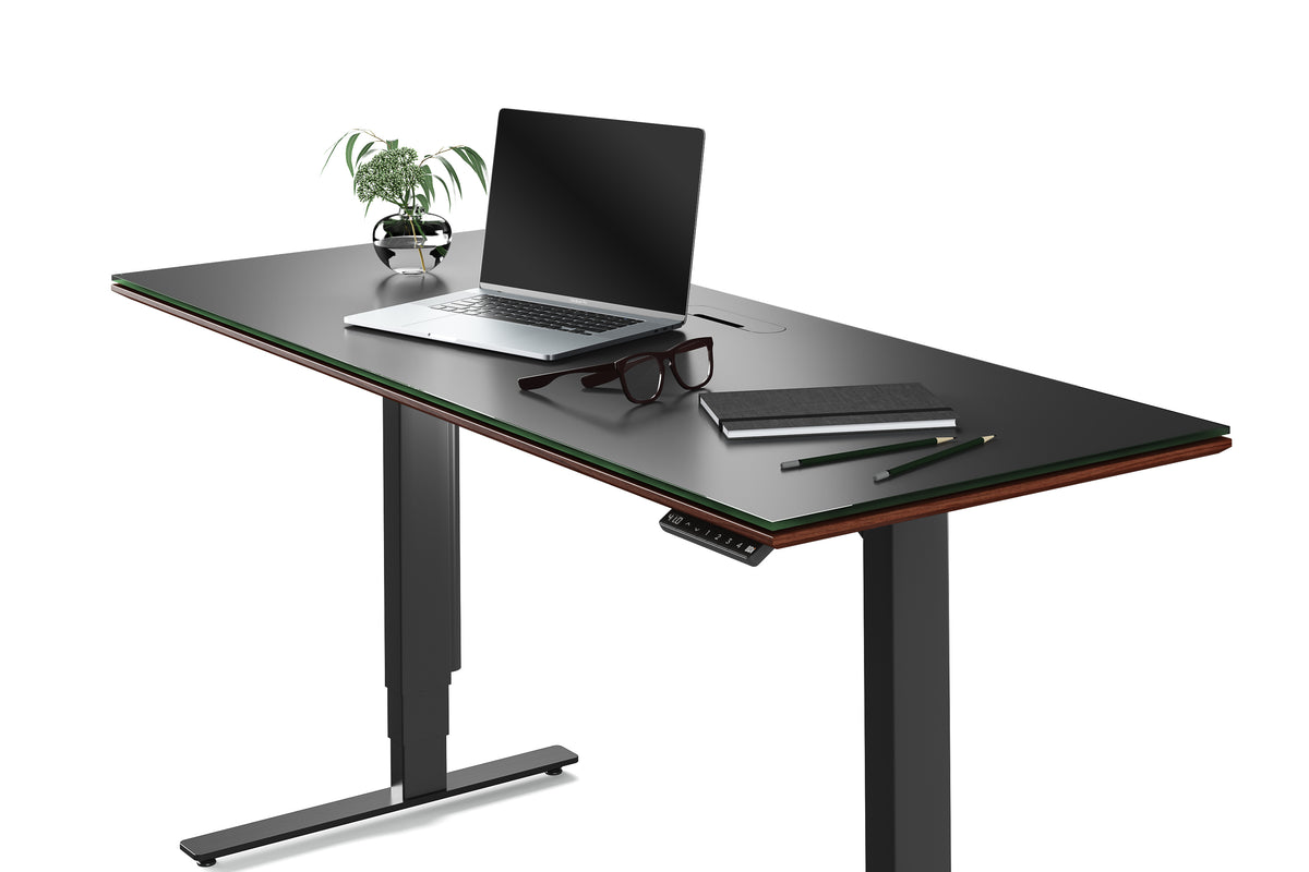 Chocolate Stained Walnut & Chocolate Walnut Veneer with Black Satin-Etched Glass & Black Steel | BDI Sequel Lift Desk | Valley Ridge Furniture