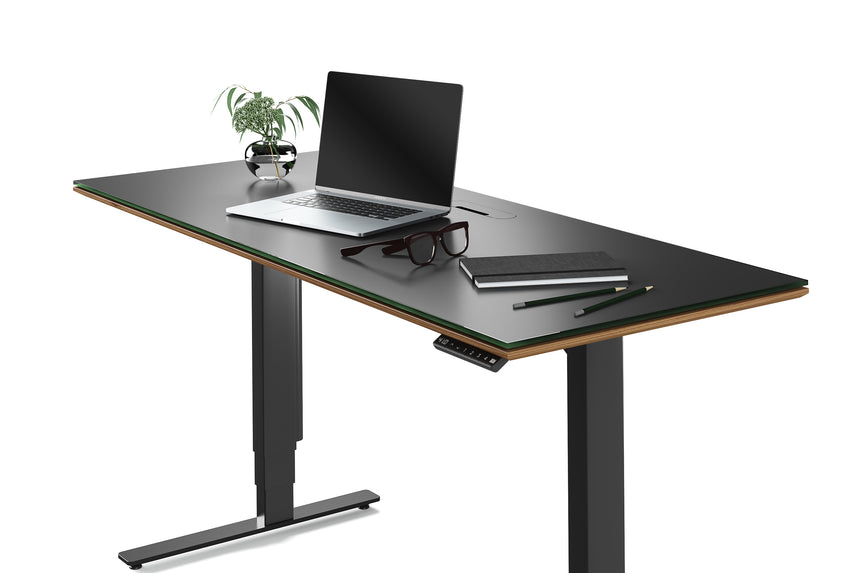 Natural Walnut & Natural Walnut Veneer with Black Satin-Etched Glass & Black Steel | BDI Sequel Lift Desk | Valley Ridge Furniture