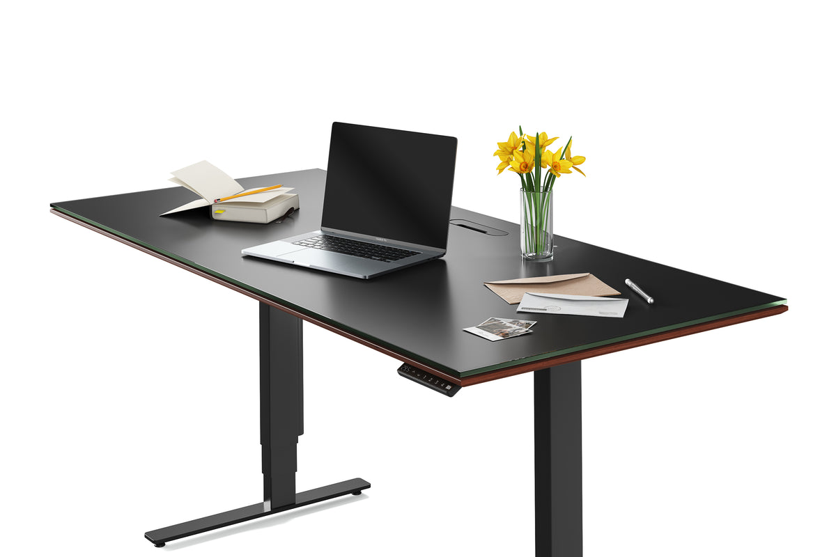 Chocolate Stained Walnut & Chocolate Walnut Veneer with Black Satin-Etched Glass & Black Steel | BDI Sequel Large Lift Desk | Valley Ridge Furniture