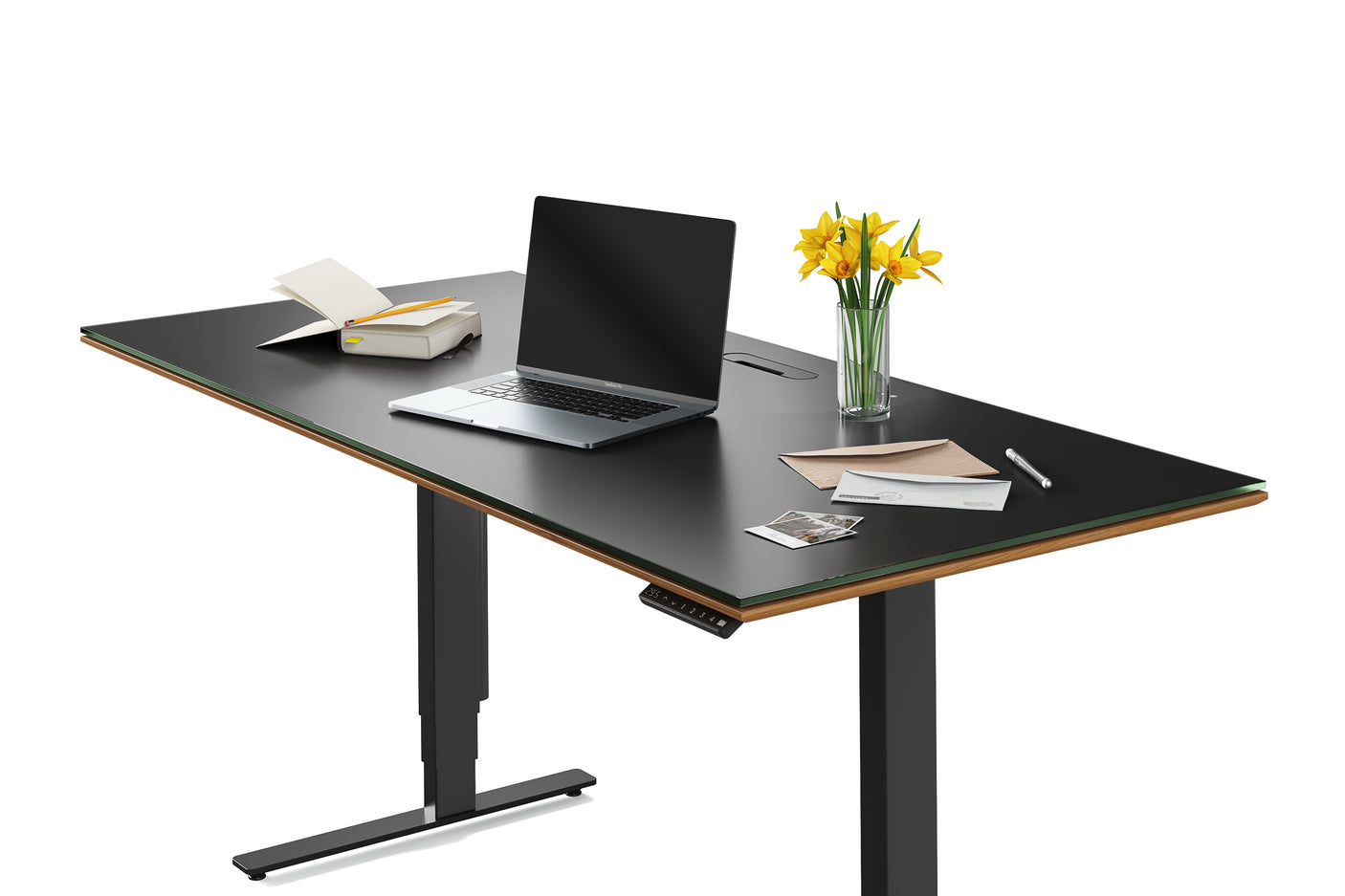 Natural Walnut & Natural Walnut Veneer with Black Satin-Etched Glass & Black Steel | BDI Sequel Large Lift Desk | Valley Ridge Furniture