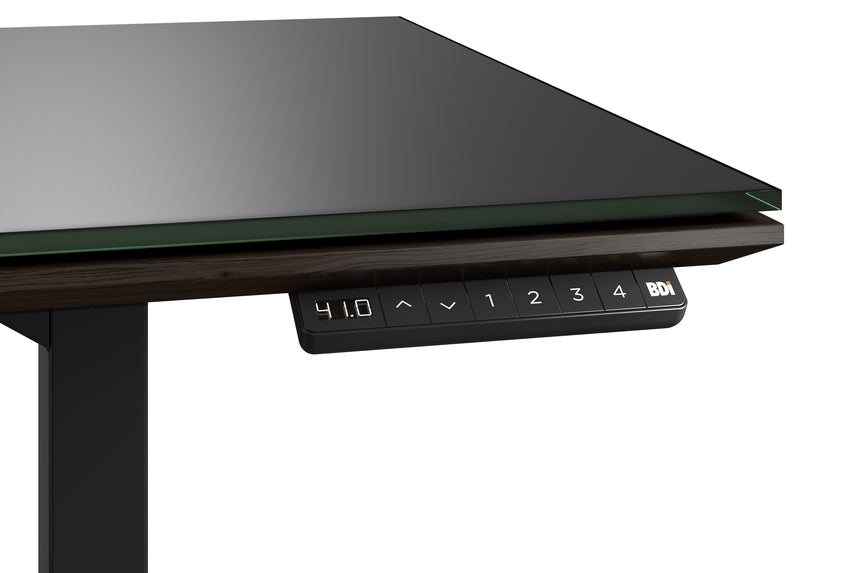 Charcoal Stained Ash & Charcoal Ash Veneer with Black Satin-Etched Glass & Black Steel | BDI Sequel Lift Desk | Valley Ridge Furniture