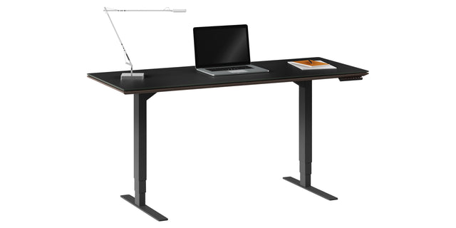 Charcoal Stained Ash & Charcoal Ash Veneer with Black Satin-Etched Glass & Black Steel | BDI Sequel Lift Desk | Valley Ridge Furniture
