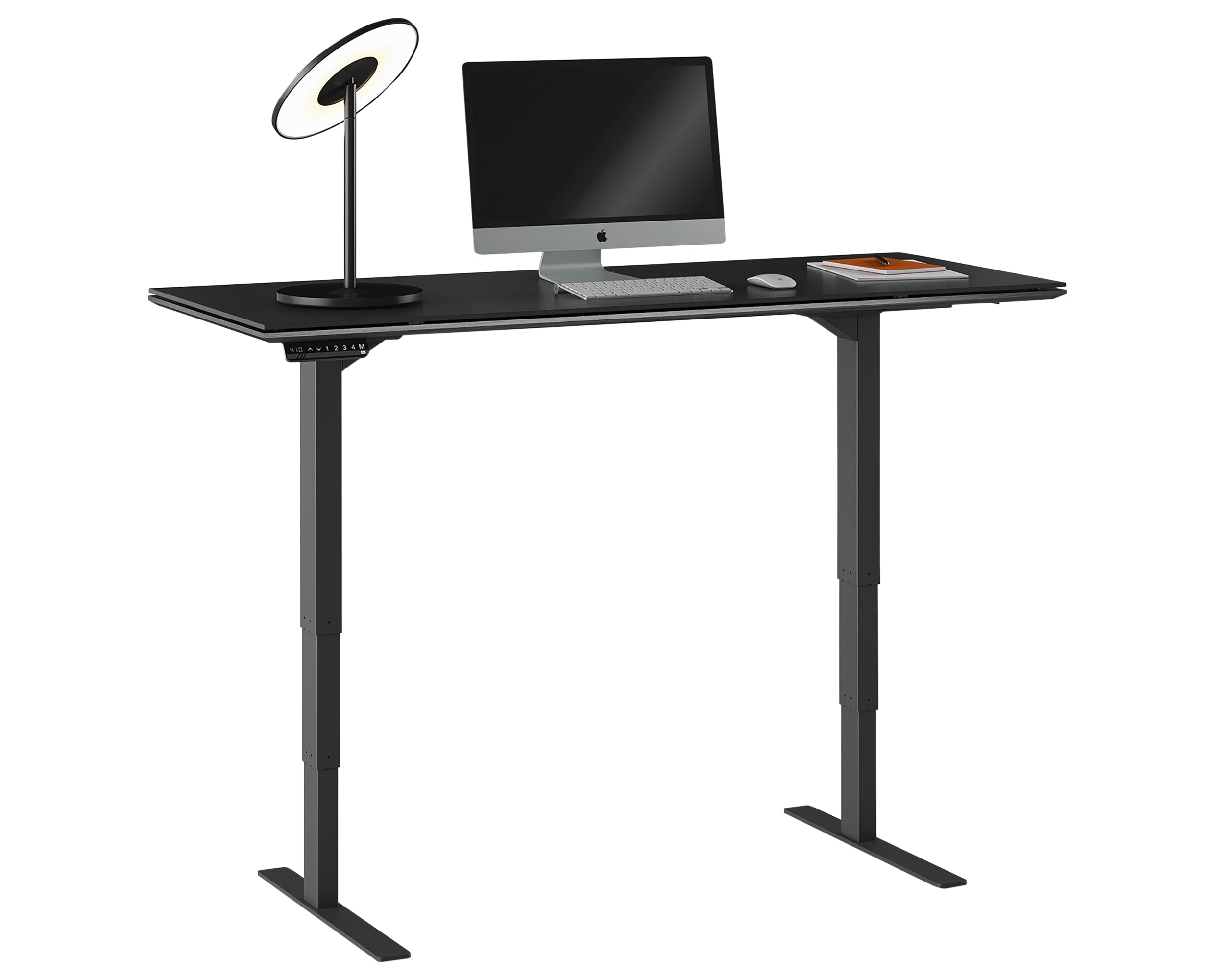 Charcoal Stained Ash &amp; Charcoal Ash Veneer with Black Satin-Etched Glass &amp; Black Steel | BDI Sequel Lift Desk | Valley Ridge Furniture