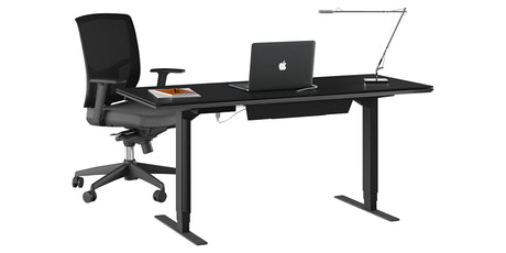 Charcoal Stained Ash & Charcoal Ash Veneer with Black Satin-Etched Glass & Black Steel | BDI Sequel Lift Desk | Valley Ridge Furniture