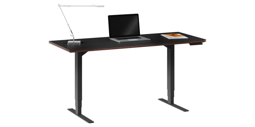 Chocolate Stained Walnut & Chocolate Walnut Veneer with Black Satin-Etched Glass & Black Steel | BDI Sequel Lift Desk | Valley Ridge Furniture