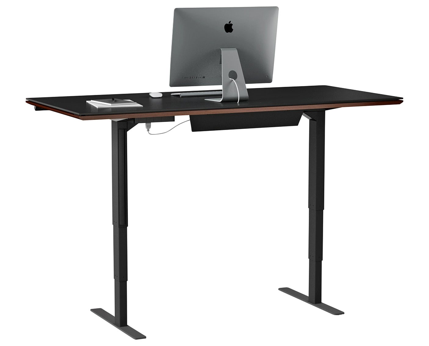 Chocolate Stained Walnut & Chocolate Walnut Veneer with Black Satin-Etched Glass & Black Steel | BDI Sequel Lift Desk | Valley Ridge Furniture