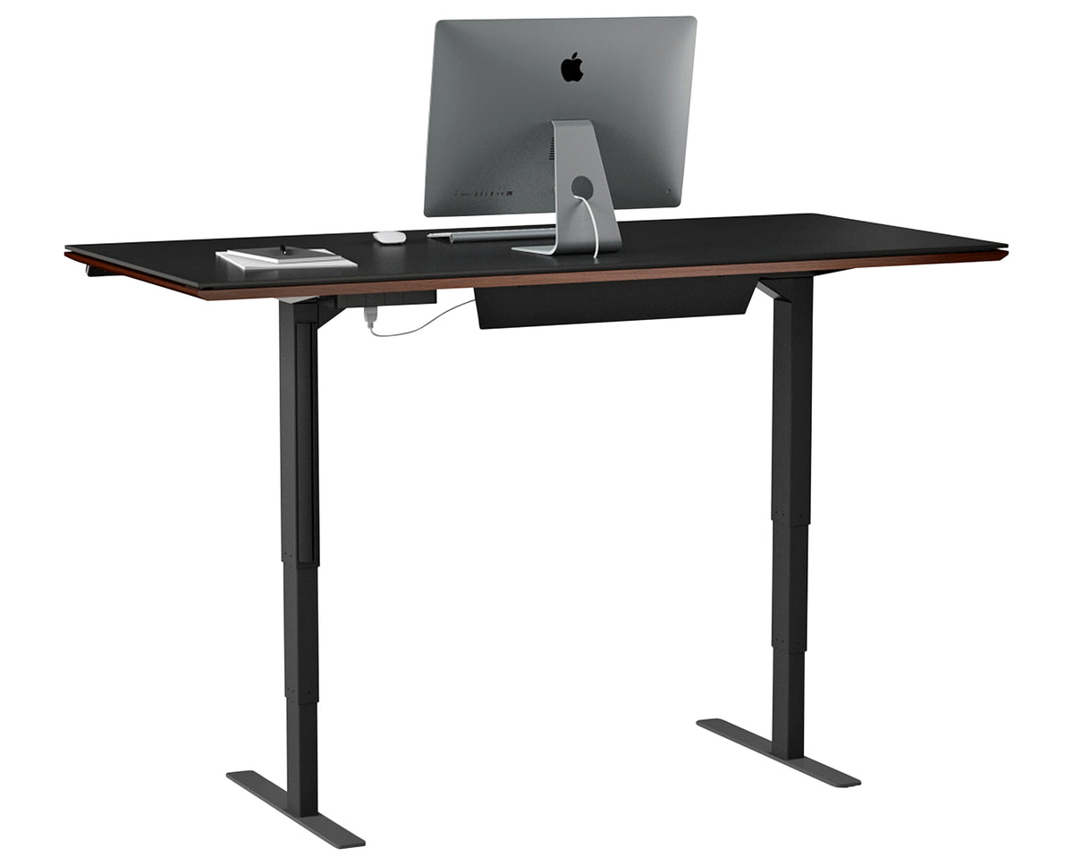Chocolate Stained Walnut & Chocolate Walnut Veneer with Black Satin-Etched Glass & Black Steel | BDI Sequel Lift Desk | Valley Ridge Furniture
