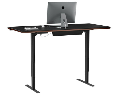 Chocolate Stained Walnut & Chocolate Walnut Veneer with Black Satin-Etched Glass & Black Steel | BDI Sequel Lift Desk | Valley Ridge Furniture