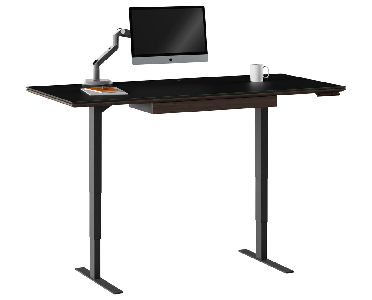 Charcoal Stained Ash & Charcoal Ash Veneer with Black Satin-Etched Glass & Black Steel | BDI Sequel Large Lift Desk | Valley Ridge Furniture