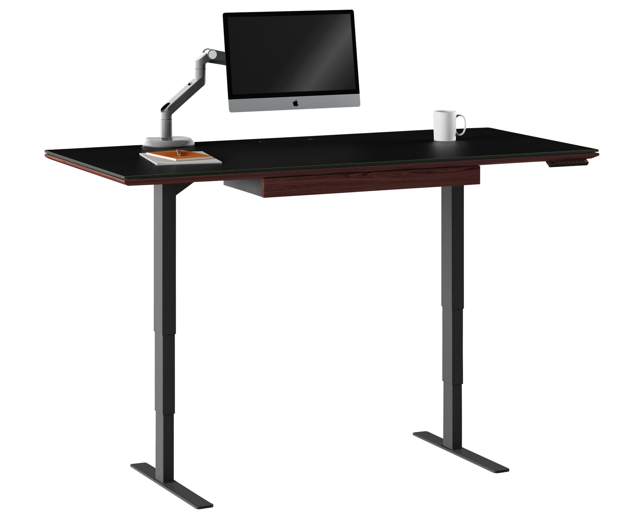 Chocolate Stained Walnut &amp; Chocolate Walnut Veneer with Black Satin-Etched Glass &amp; Black Steel | BDI Sequel Large Lift Desk | Valley Ridge Furniture