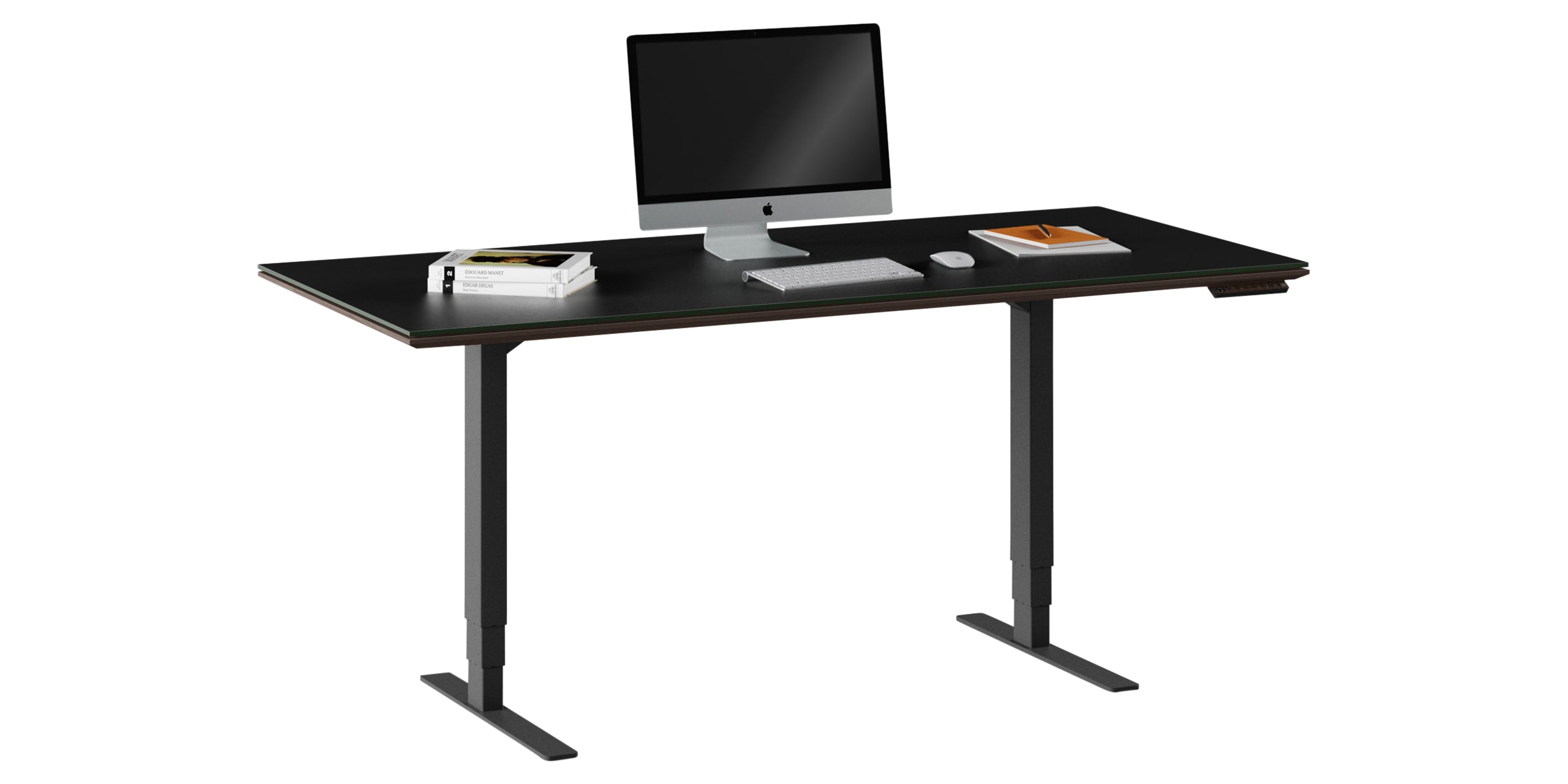 Charcoal Stained Ash &amp; Charcoal Ash Veneer with Black Satin-Etched Glass &amp; Black Steel | BDI Sequel Large Lift Desk | Valley Ridge Furniture