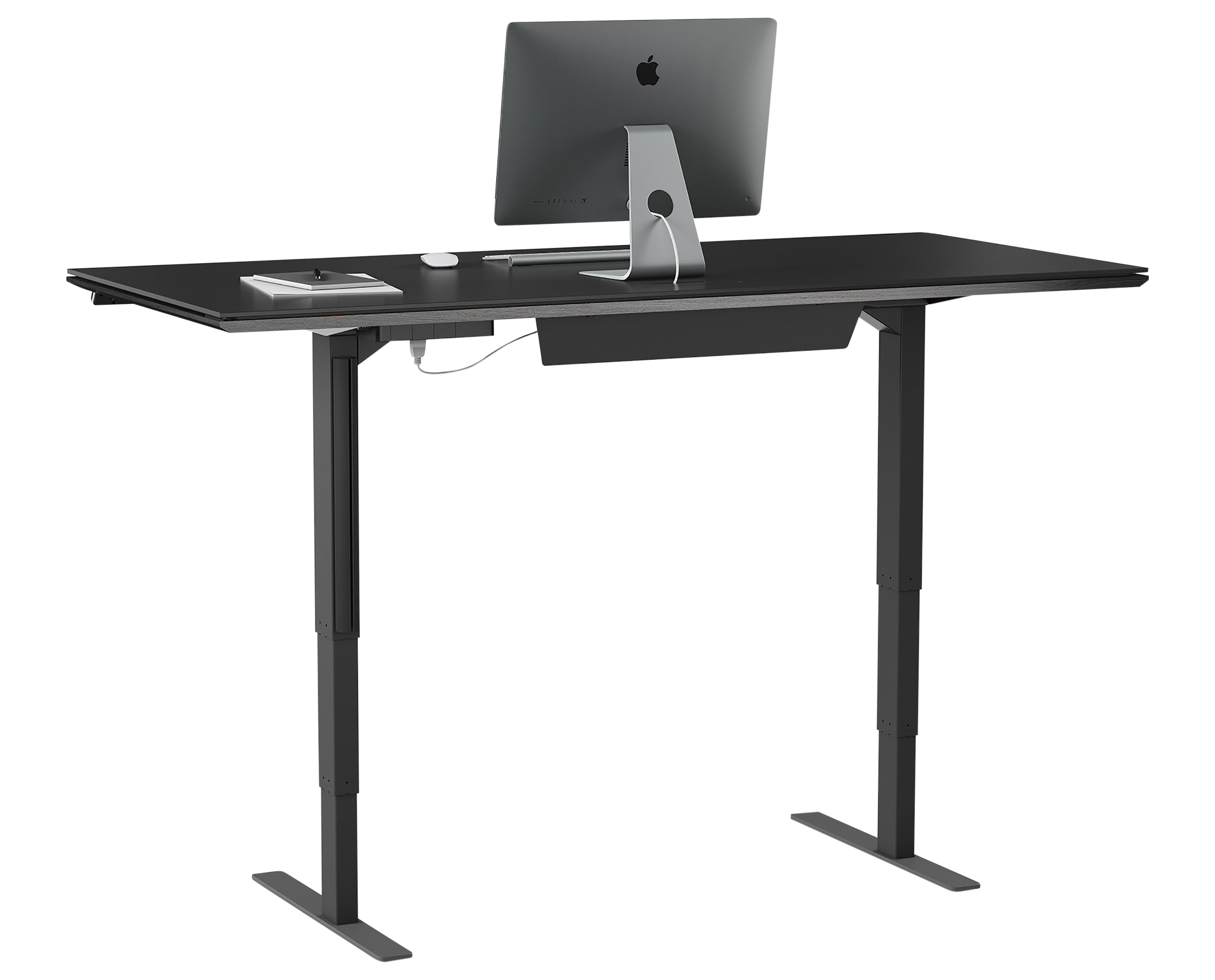 Charcoal Stained Ash & Charcoal Ash Veneer with Black Satin-Etched Glass & Black Steel | BDI Sequel Large Lift Desk | Valley Ridge Furniture
