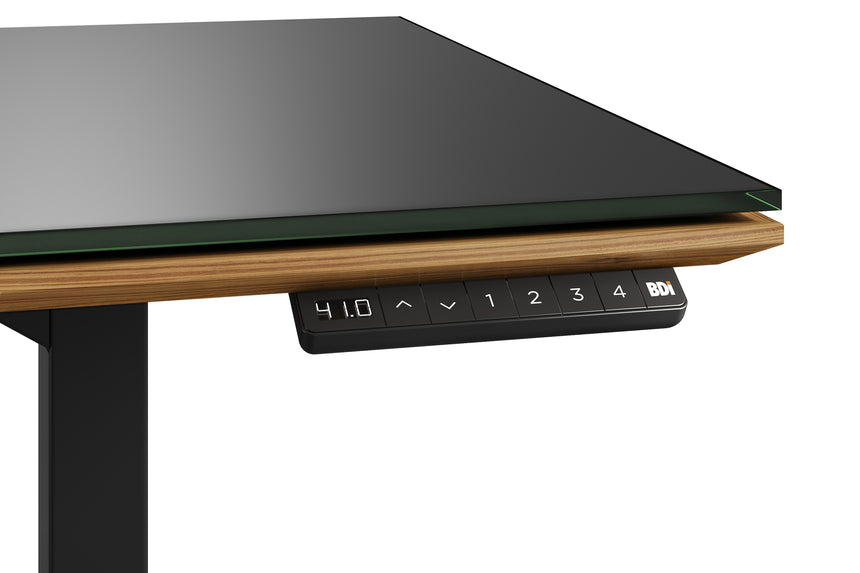 Natural Walnut & Natural Walnut Veneer with Black Satin-Etched Glass & Black Steel | BDI Sequel Lift Desk | Valley Ridge Furniture