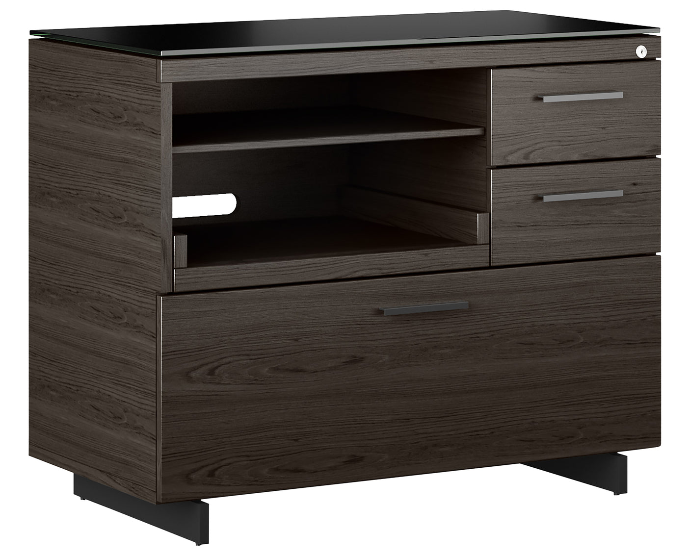 Charcoal Ash Veneer and Black Satin-Etched Glass with Black Steel | BDI Sequel Multi Function Cabinet | Valley Ridge Furniture