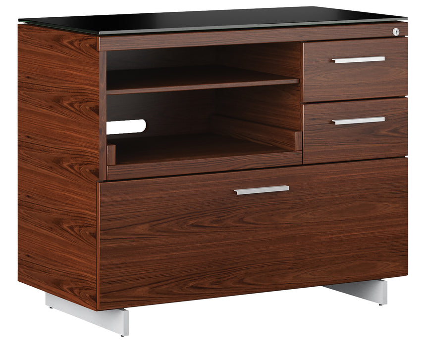 Chocolate Walnut Veneer and Black Satin-Etched Glass with Satin Nickel Steel | BDI Sequel Multi Function Cabinet | Valley Ridge Furniture