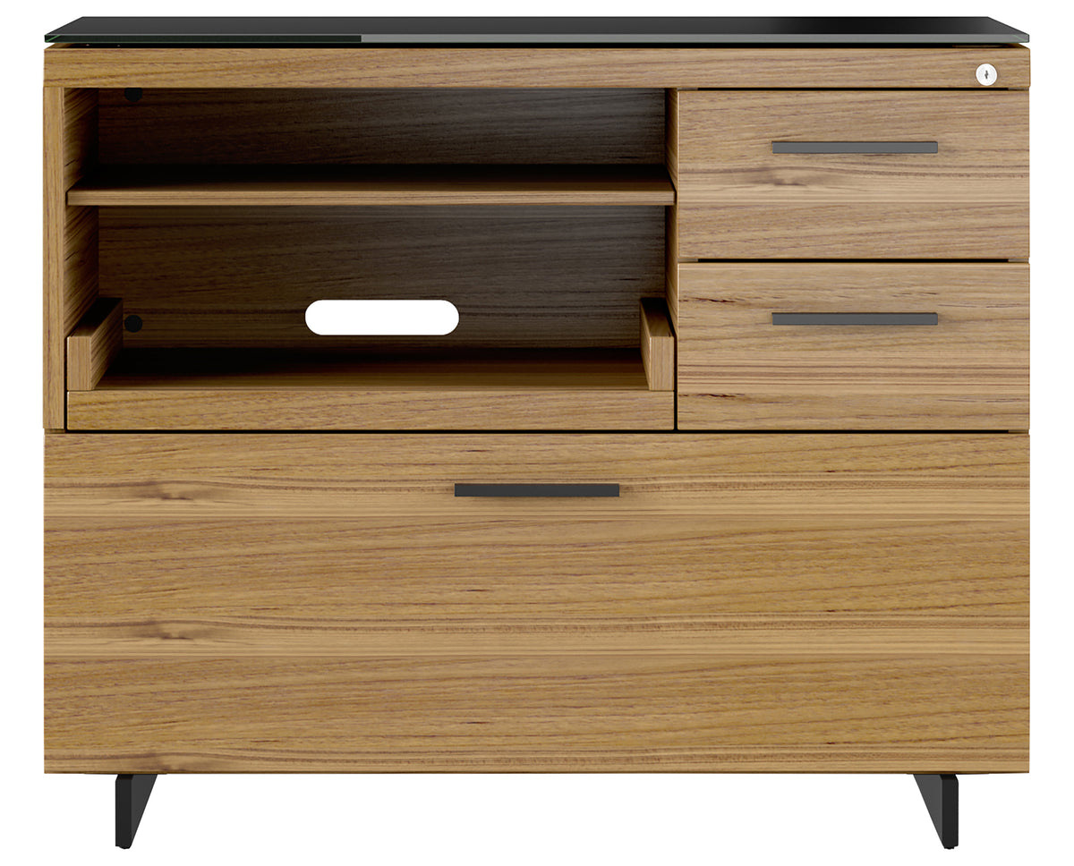 Natural Walnut Veneer and Black Satin-Etched Glass with Black Steel | BDI Sequel Multi Function Cabinet | Valley Ridge Furniture