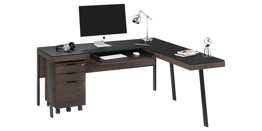 Sepia Laminate & Black Satin-Etched Glass with Black Steel | BDI Sigma Desk Return | Valley Ridge Furniture