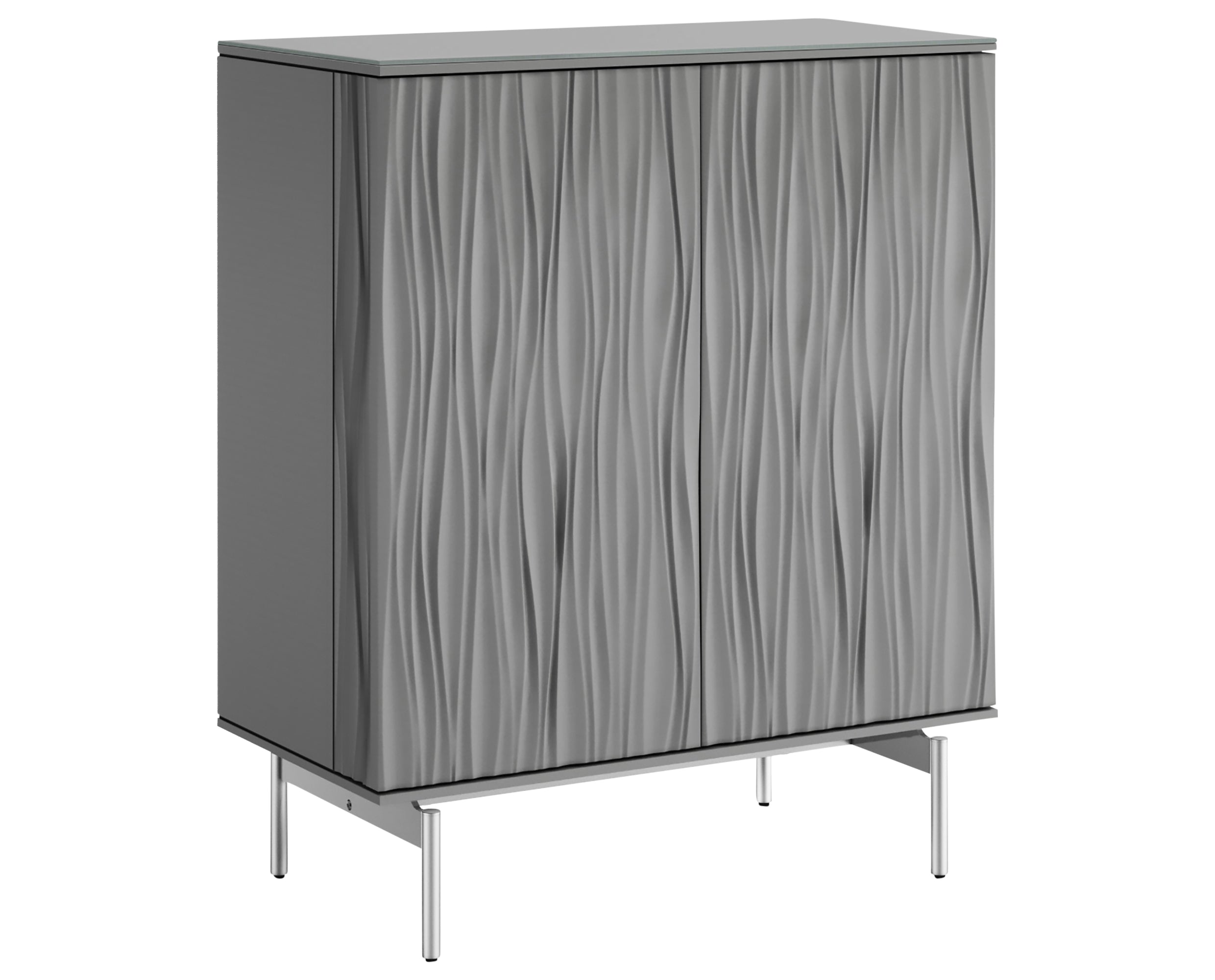 Fog Grey Wood &amp; Polished Chrome with Satin-Etched Glass | BDI Tanami Bar Unit | Valley Ridge Furniture