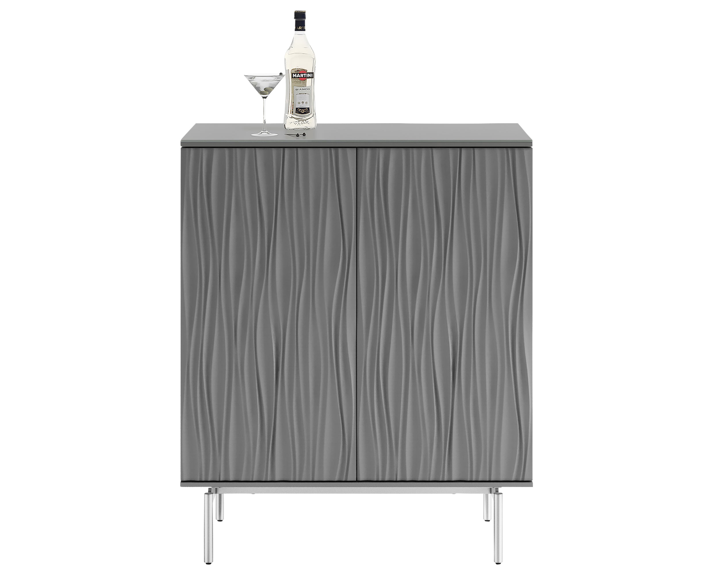 Fog Grey Wood &amp; Polished Chrome with Satin-Etched Glass | BDI Tanami Bar Unit | Valley Ridge Furniture