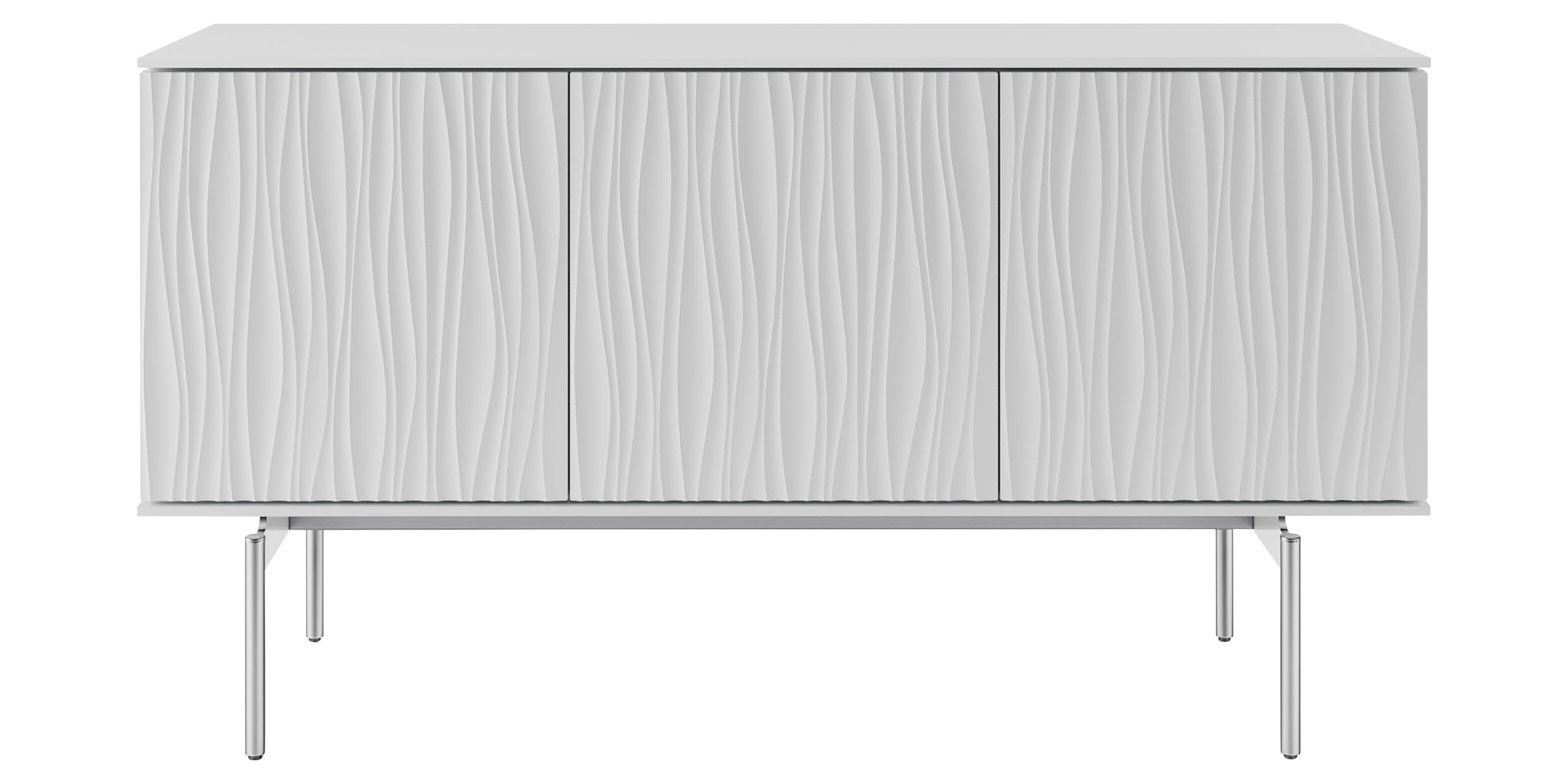 Satin White Wood &amp; Polished Chrome | BDI Tanami Triple Wide Credenza | Valley Ridge Furniture