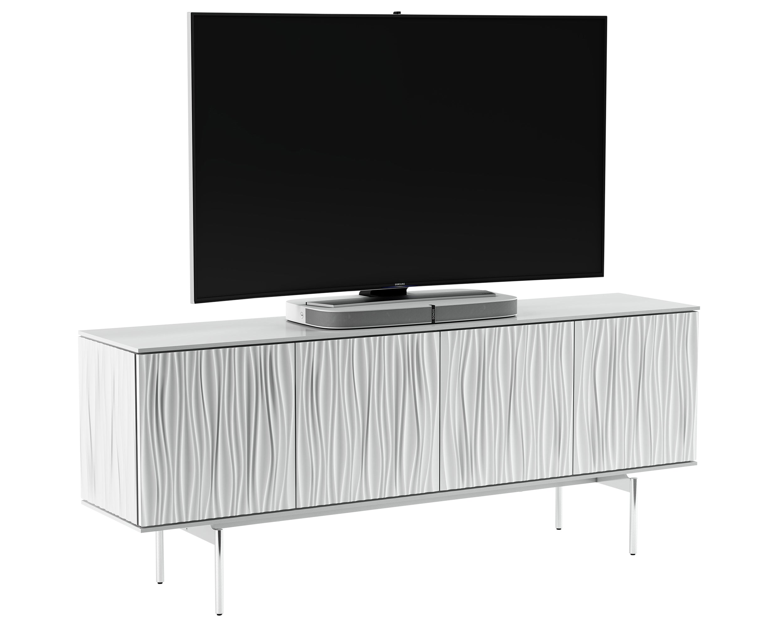 Satin White Wood &amp; Polished Chrome | BDI Tanami Modern Credenza | Valley Ridge Furniture