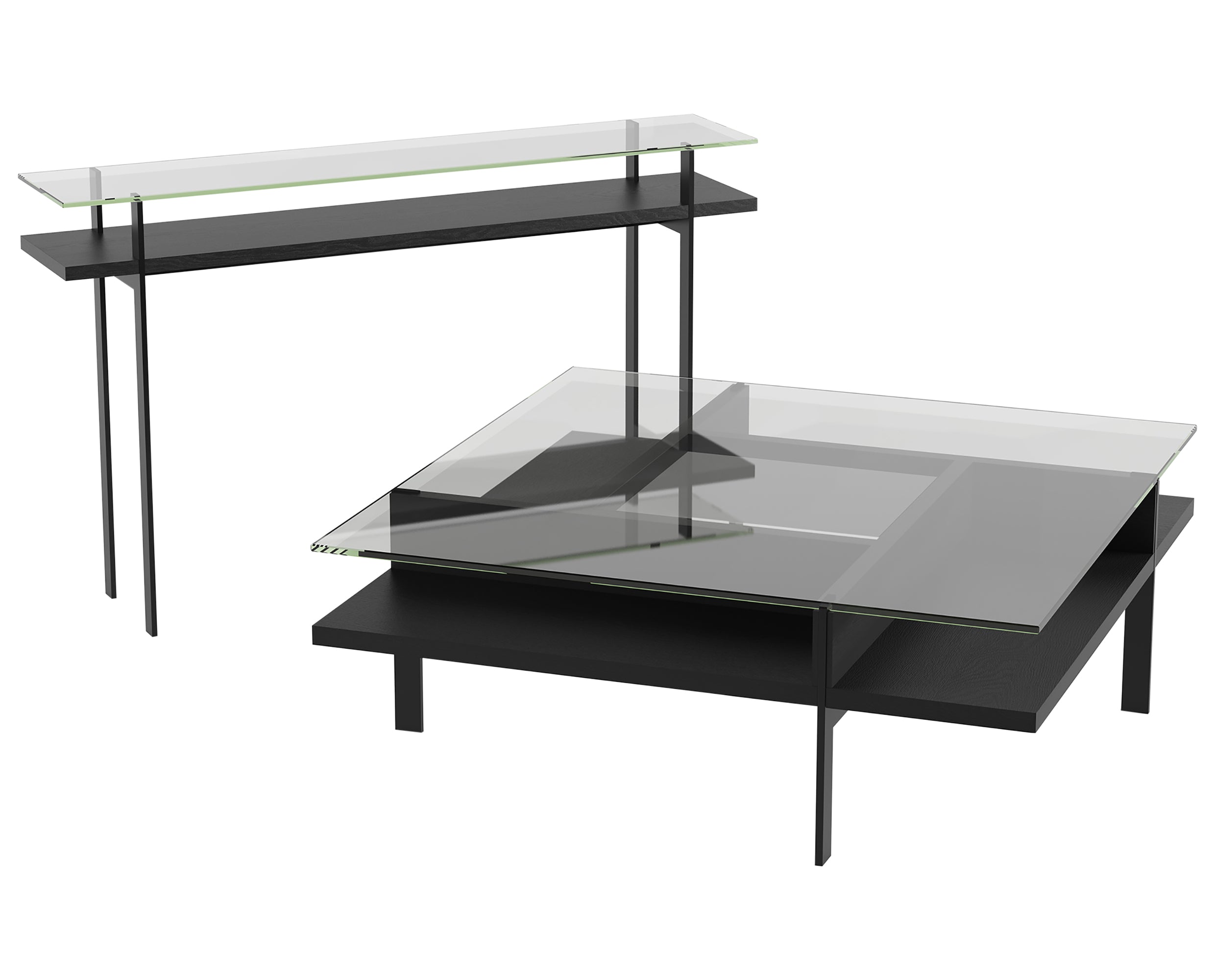 Charcoal Ash Veneer & Polished Tempered Glass with Black Aluminum | BDI Terrace Rectangular Coffee Table | Valley Ridge Furniture